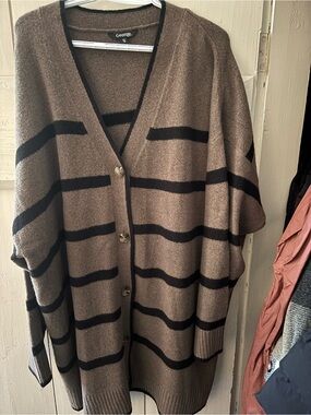 George Taupe and Black Striped Button-Up Sweater Cardigan